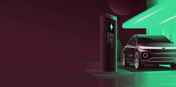 Vector illustration of EV charge station for electric car in concept of green, Realistic vector electromobile charging station, renewable energy and eco power produced from sustainable source, Alternative fuel