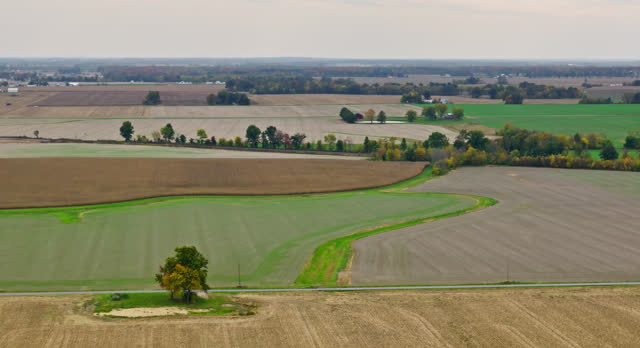 Farmland near Opdyke, Illinois on Overcast Day - Aerial