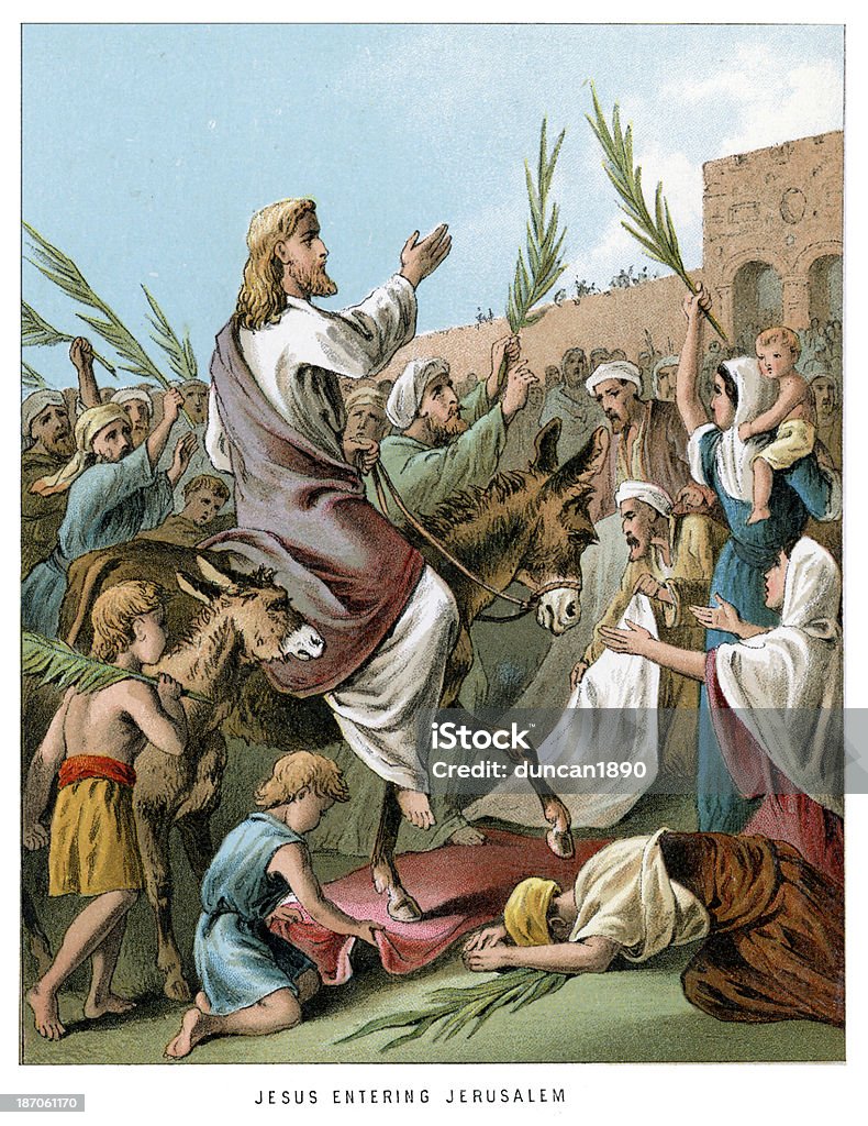 Jesus entering Jerusalem Vintage colour lithograph from 1882 of Jesus entering Jerusalem on the back of a donkey Jesus Christ stock illustration