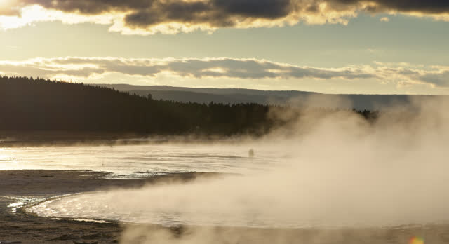Locked Off Wide Shot of Geysers in Yellowstone National Park at Sunset