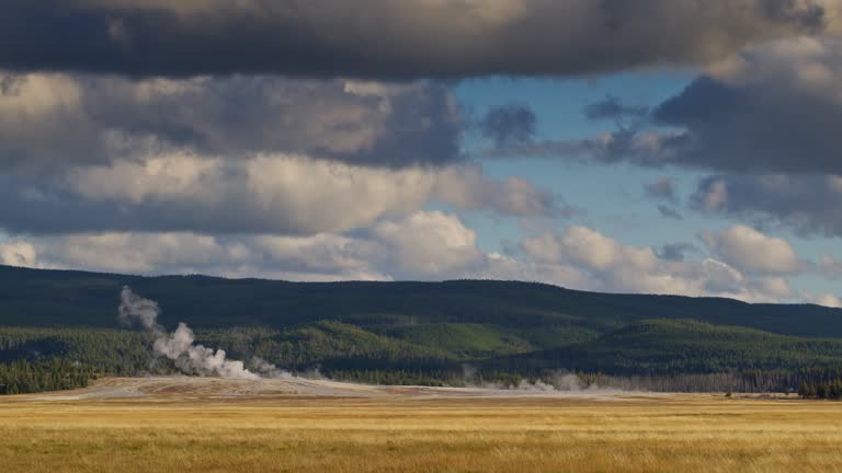 Locked Off Shot of Geysers in Yellowstone National Park on Overcast Day