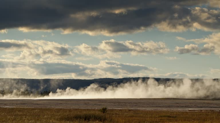 Locked Off Shot of Geysers in Yellowstone National Park on Overcast Day in Fall