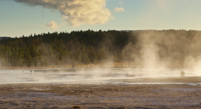 Steam Blowing off the Ground in Yellowstone National Park at Sunset