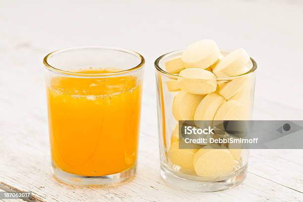 Orange Juice And Vitamin C Pills Stock Photo - Download Image Now - Pill, Vitamin C, Bubble