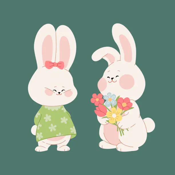 Vector illustration of Cute boy bunny gives flowers to the girl bunny. Cartoon characters of a couple of rabbits. Kawaii hares for Valentine's Day, or Birthday card, sticker, banner, or package design. Vector illustration.