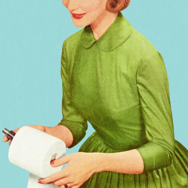 illustrazioni stock, clip art, cartoni animati e icone di tendenza di donna con rotolo di carta igienica - stereotypical housewife
