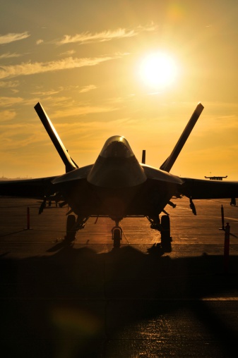 Sunset image of the new F-35 Lighting aircraft.