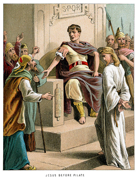 Jesus before Pontius Pilate Vintage colour lithograph from 1882 of Jesus before Pontius Pilate pilates stock illustrations