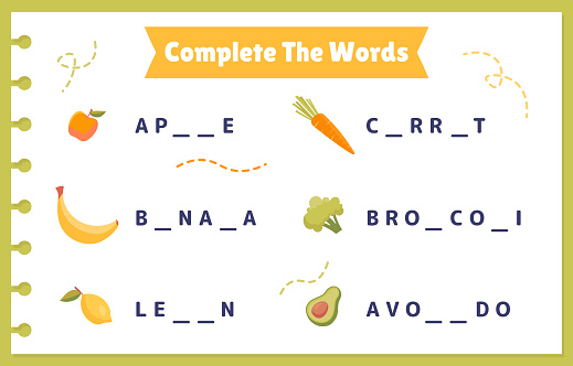 Complete Words vegetables. Puzzle and riddle for children. Educational material for kids. Apple, banana, broccoli, carrot and lemon. Training and learning. Cartoon flat vector illustration