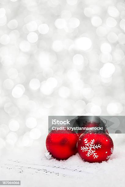 Red Baubles On Sheet Notes Stock Photo - Download Image Now - Backgrounds, Christmas, Christmas Ornament