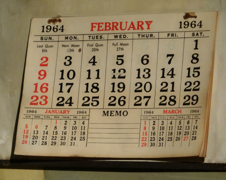 Unmarked calendar page from February 1964.