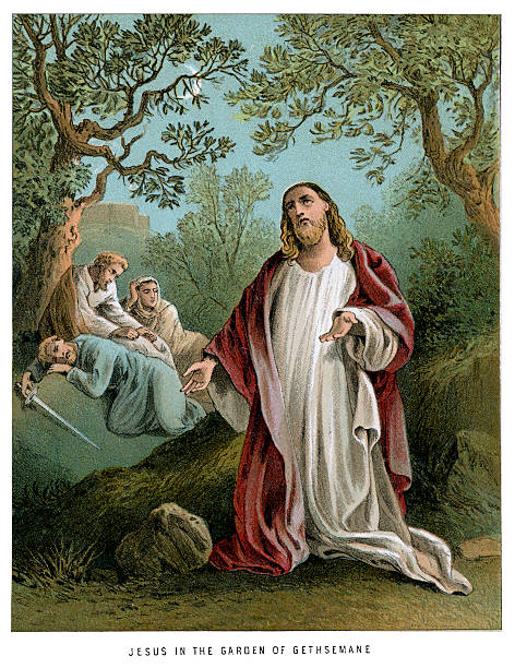 Jesus in the Garden of Gethsemane Vintage colour lithograph from 1882 of Jesus in the Garden of Gethsemane garden of gethsemane stock illustrations