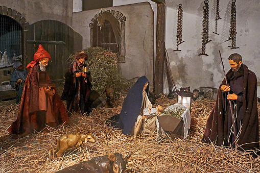 Rothenburg ob der Tauber, Germany - December 16, 2023: Christmas nativity scene at the Christkindelsmarkt in Rothenburg