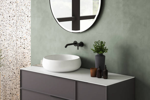 istock 3D render close up perspective blank empty space on ceramic vanity unit counter top in the bathroom with white ceramic porcelain sink with faucet, morning sunlight, wall, Elegance 1870667103