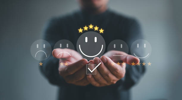 istock Customer Experience Concept, Best Excellent Services Rating for Satisfaction present by Hand of Client Showing excellent rating Five Star. Review, feedback, good, the best of product and service 1870669396
