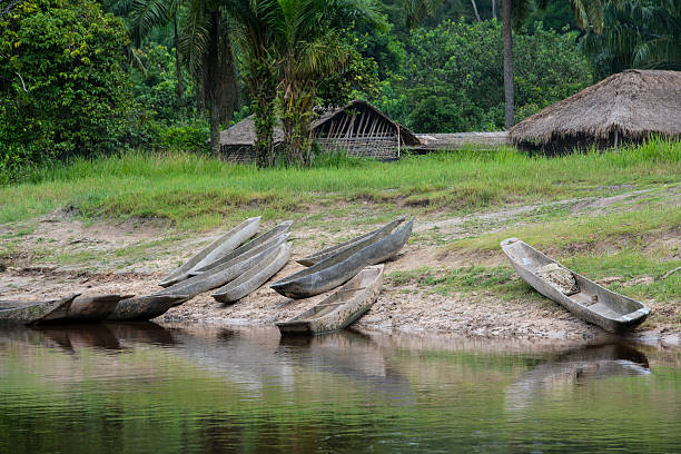pirogues （ダグアウトカヌー）で、海岸線のコンゴ川 - congo river ストックフォトと画像