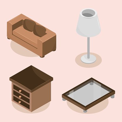 isometric house furnitures, icons set