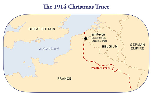 Map showing the location of the 1914 Christmas truce during World War I between France, Great Britain and German empire.