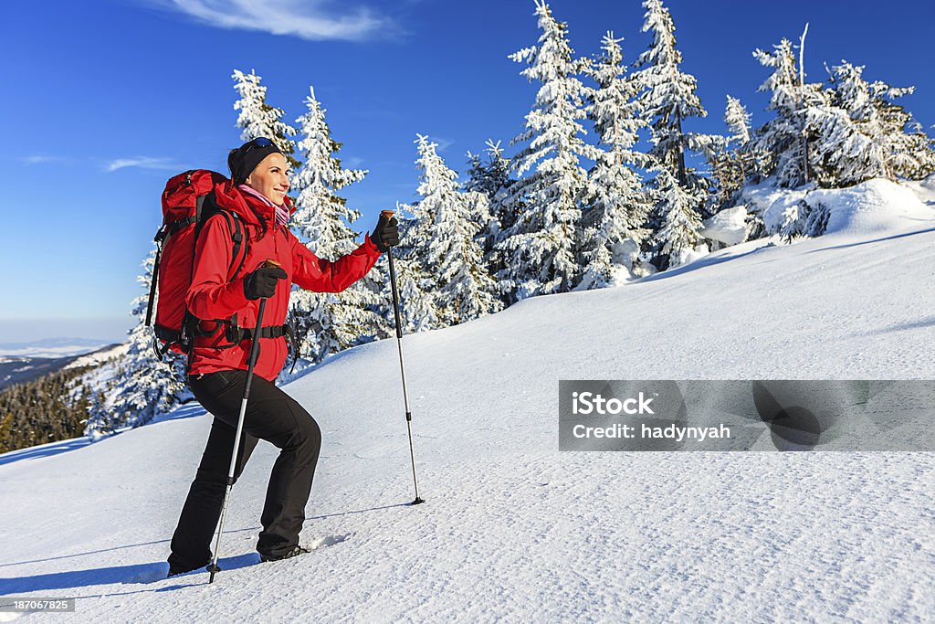 Jeune touriste randonnées en hiver - Photo de Activité de plein air libre de droits