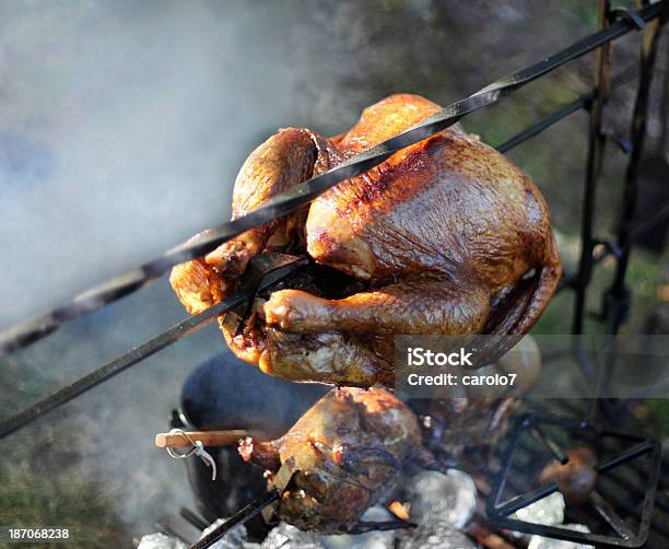 Turchia Arrostire Sopra Aperto Fuoco Fumo Spazio Di Copia - Fotografie stock e altre immagini di Pollo