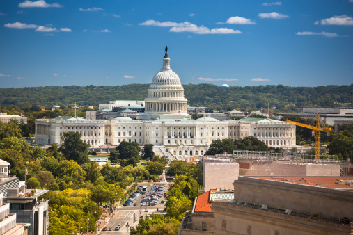 Birds eye view of the United States Capitol and the Senate Building, Washington DC USA