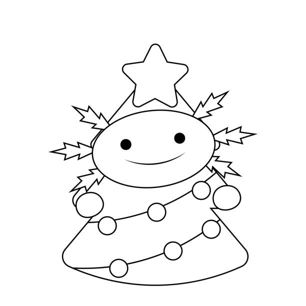 ilustrações, clipart, desenhos animados e ícones de axolotl bonito no traje árvore de natal em preto e branco - young animal sea life amphibians animals and pets