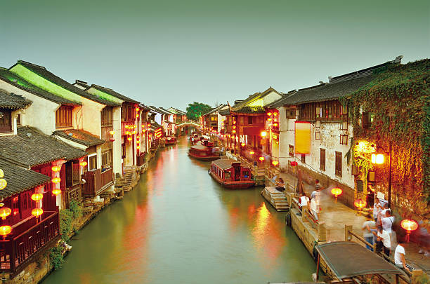Chinese ancient garden Shan Tong Street in the suzhou. 2,500 years the history of Chinese ancient town in the sunset. The representative of China Southern landscape architecture. water town zhouzhuang china stock pictures, royalty-free photos & images