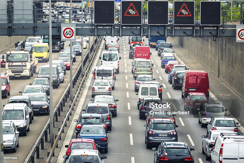 German motorway in Berlin Traffic jam on german highway /A100 in Berlin . Traffic Jam Stock Photo