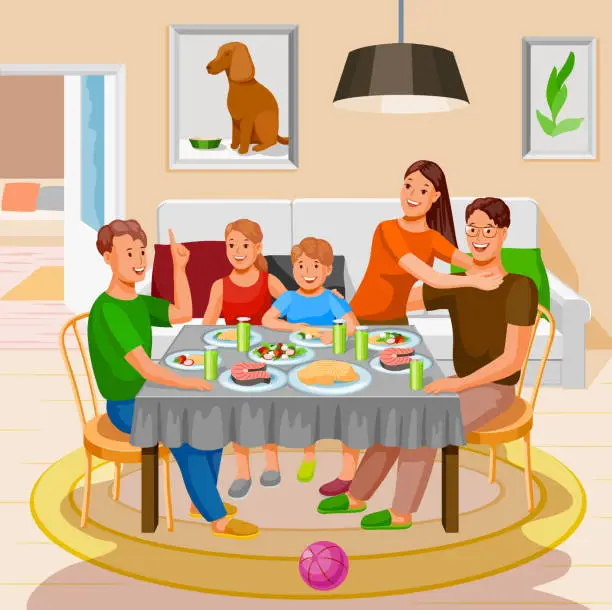 Vector illustration of Joyful Feast, A Family Celebration, Family Holidays, Family with Children