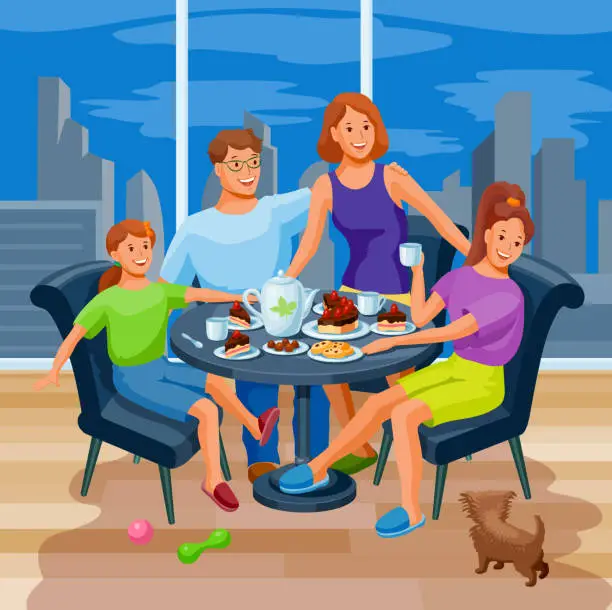 Vector illustration of Joyful Feast, A Family Celebration, Family Holidays, Family with Children