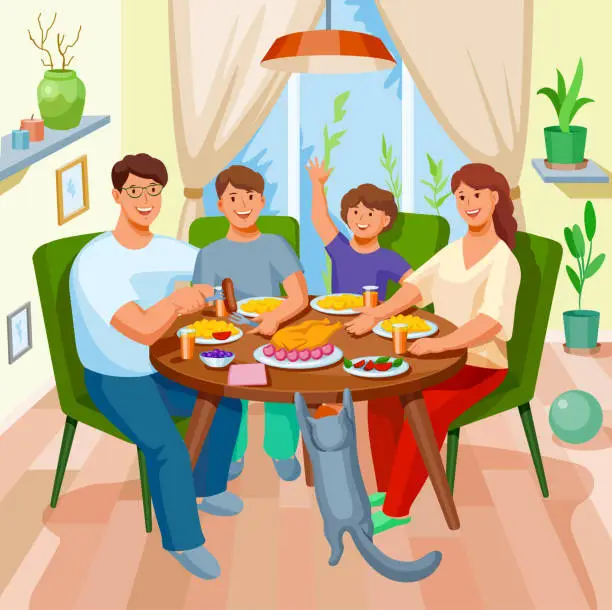 Vector illustration of Joyful Feast, A Family Celebration, Family Holidays, Family with Children