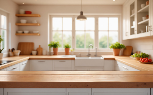Interior de cocina moderna con luz natural, cocina blanca contemporánea con detalles de madera photo