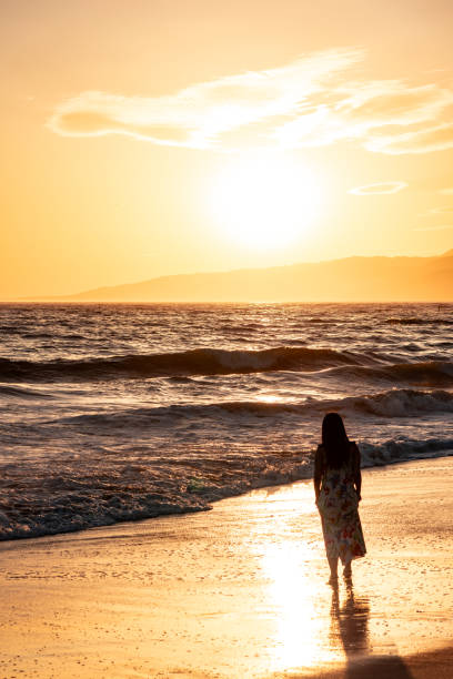 istock Young lady walking in the sunset on Santa Monica beach 1870766513