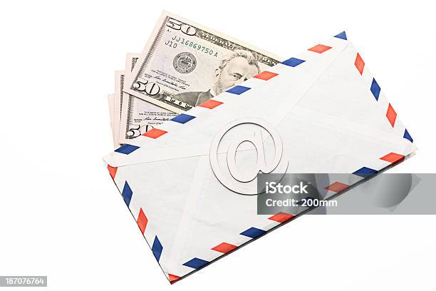 Us Fifty Dollar Bill Spread And At Symbol Stock Photo - Download Image Now - 'at' Symbol, American Culture, American Fifty Dollar Bill