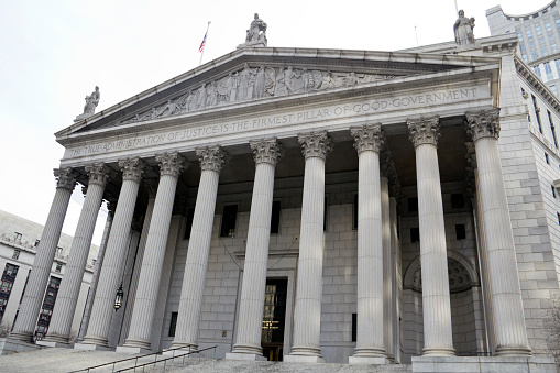 A carved sign for the US Court House in central Los Angeles, California.