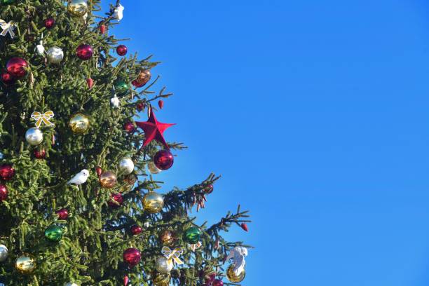 istock Outdoor decorated Christmas tree with blue sky background 1870784273
