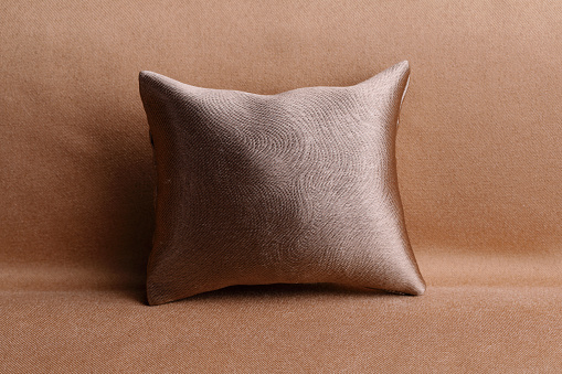 Beige shiny silk cushion  on a sofa