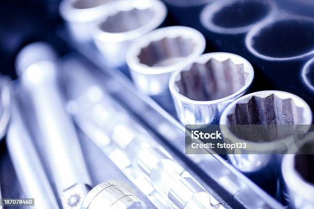 Service Industry Ratchet And Sockets In Mechanics Toolbox Stock Photo - Download Image Now