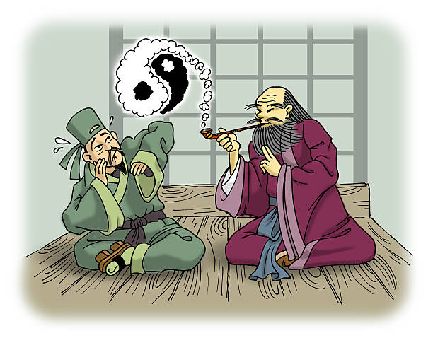 The Force of Tao An indoor scene of a taoist culture men spreading the symbol of yin-yang trough the smoke of the tobacco. smoke signal stock illustrations