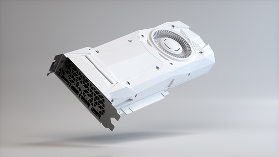 White Computer Graphic Video Card GTX 1080 on a Gray Studio Background. Technology Concept. Perspective View. 3D Render.