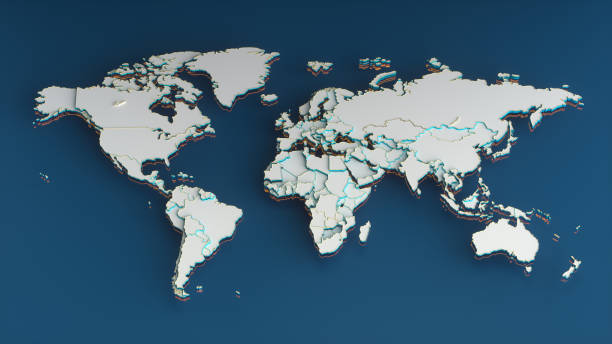 istock White World Map with Countries, Gold Borders and Orange Outline on Blue Background. 1870805120