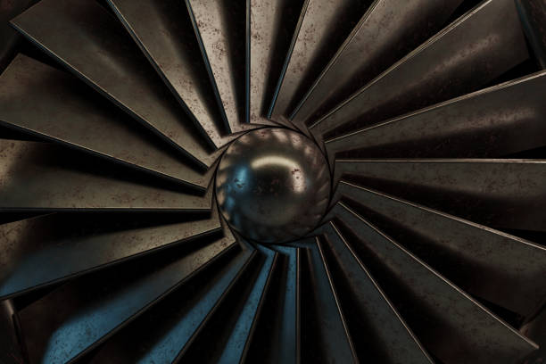 3d rendering of old rotation turbine illuminated from abstract neon light