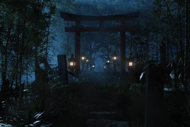 istock 3d rendering of an old japanese shrine with torii gate and stone lantern at night 1870806232