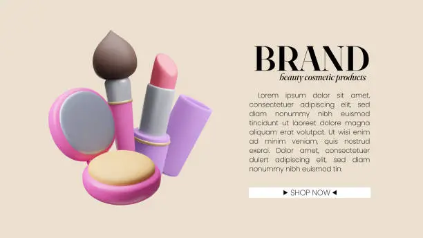 Vector illustration of 3D beauty makeup cosmetics website background template. Colorful decorative cosmetic products 3D cartoon style advertising scene showcase mockup. Compact powder, makeup brush and lipstick 3D render.