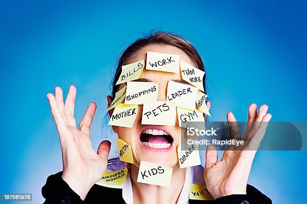 I Give Up Overwhelmed Woman Covered In Task Reminders Stock Photo - Download Image Now