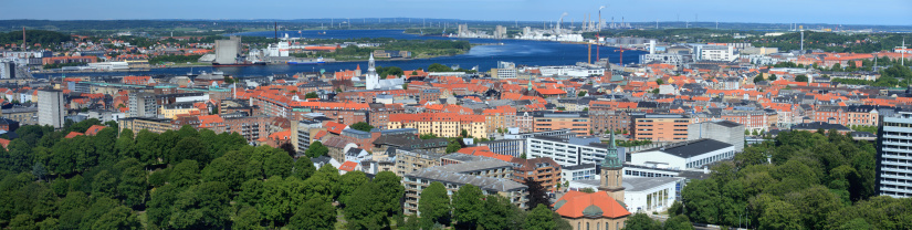 A panoramic view of Aalborg, the city in Jutland,  northern Denmark.