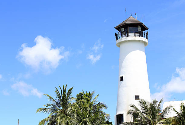 istock lighthouse at the marina against blue sky 187082705