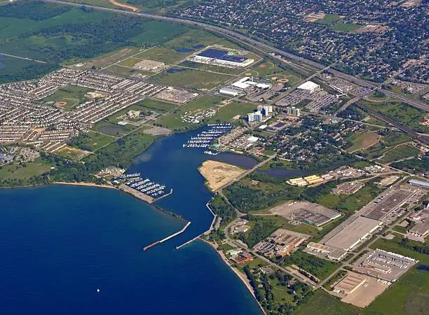 aerial view of the Windsor bay park area along lake Ontario in Oshawa Ontario Canada