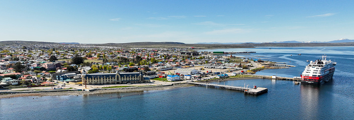 Puerto Natales - October 23, 2023: Cruise ship docked at Puerto Natales pier, Chile