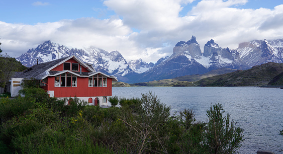 Torres del Paine Lake Chile - October 23, 2023: Scenery of Torres del Paine Lake with beautiful hotels next to it in Torres del Paine National Park, Chile